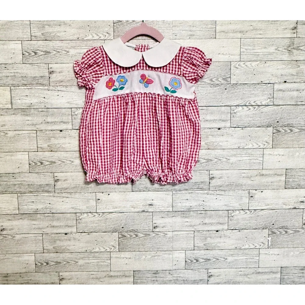 Good Kidz Pink Gingham Bubble Romper Floral‎ Butterfly 3-6M Peter Pan Collar